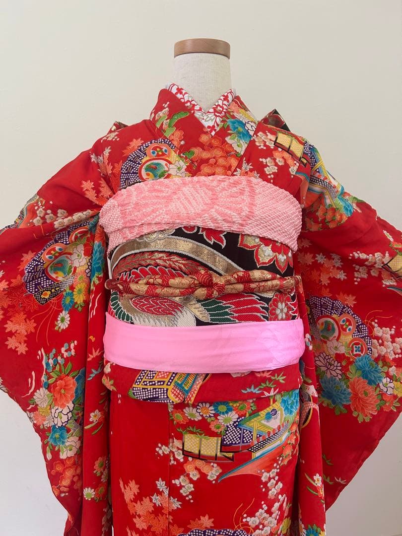 7歳　七五三　ハーフ成人式　アンティーク正絹着物、帯、帯揚げ、帯締め　しごき