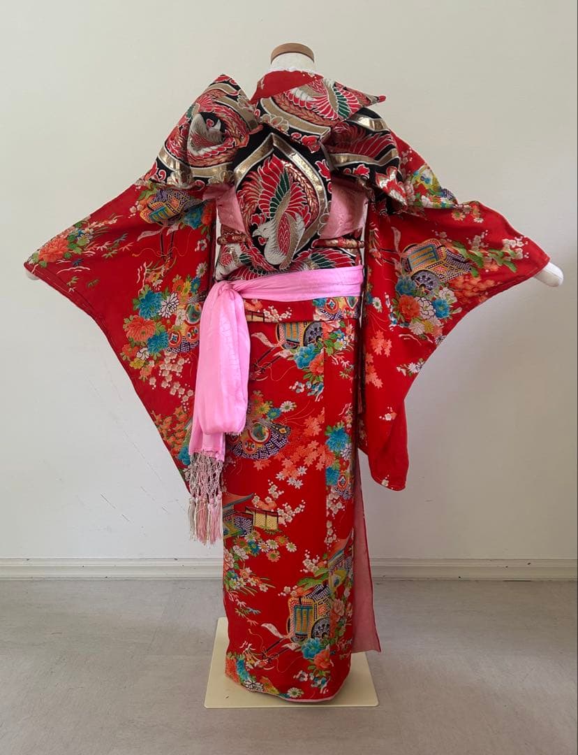 7歳　七五三　ハーフ成人式　アンティーク正絹着物、帯、帯揚げ、帯締め　しごき