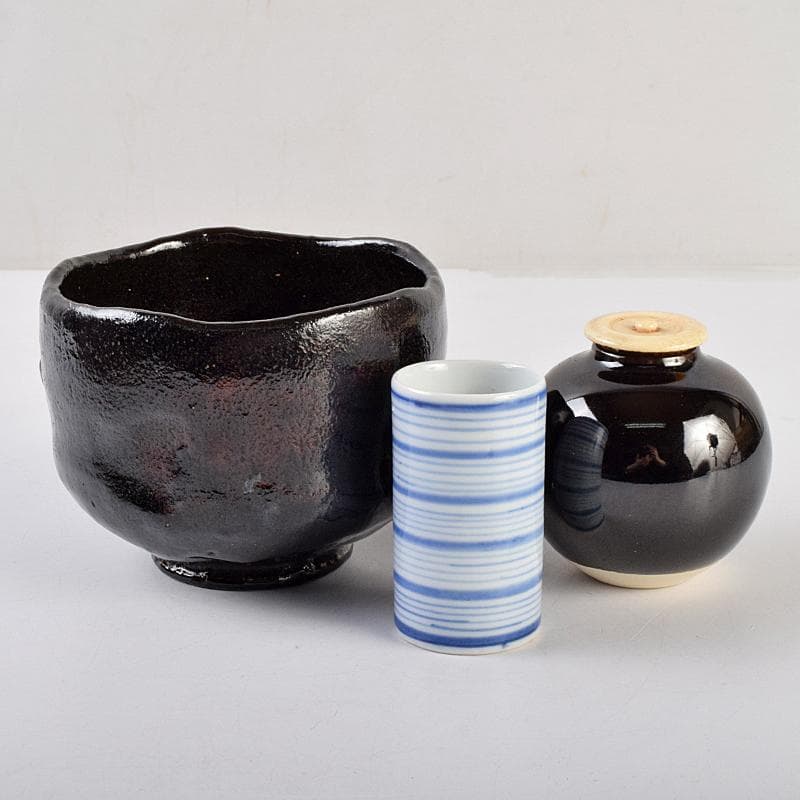 茶道具　うるみ塗　七宝蒔絵　利休茶箱　棗　黒楽茶碗など　七点　一式　MR9482