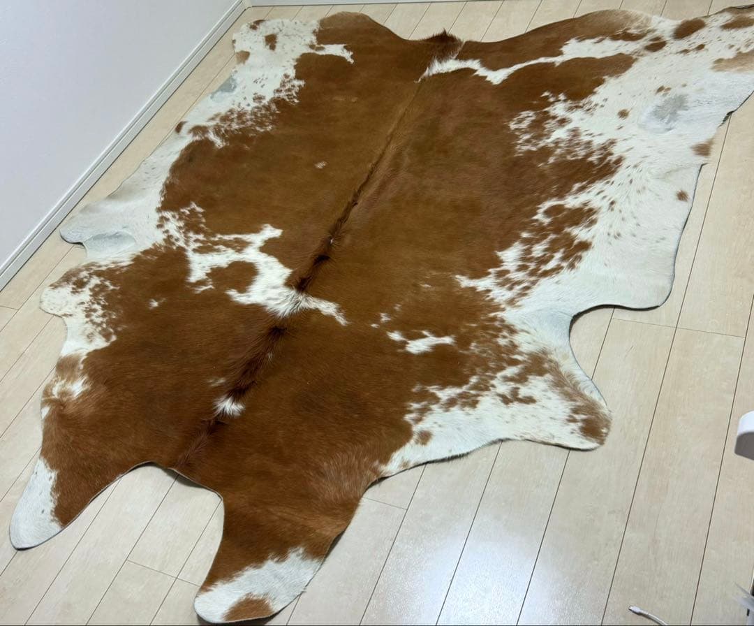 牛革ハラコ 特大 240×212cm キャメル×アイボリー レザー　ラグ