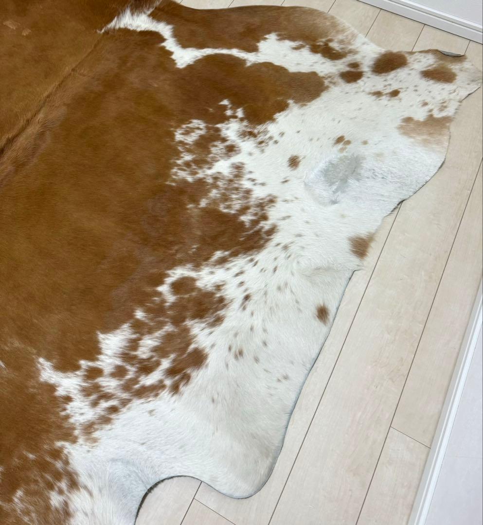 牛革ハラコ 特大 240×212cm キャメル×アイボリー レザー　ラグ