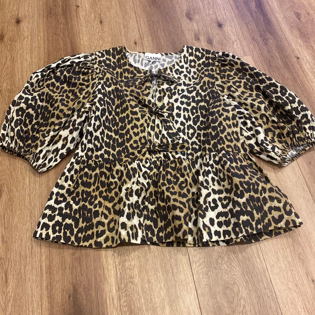 美品: GANNI レオパード ブラウス ヒョウ柄 バルーン袖トップス 38 M