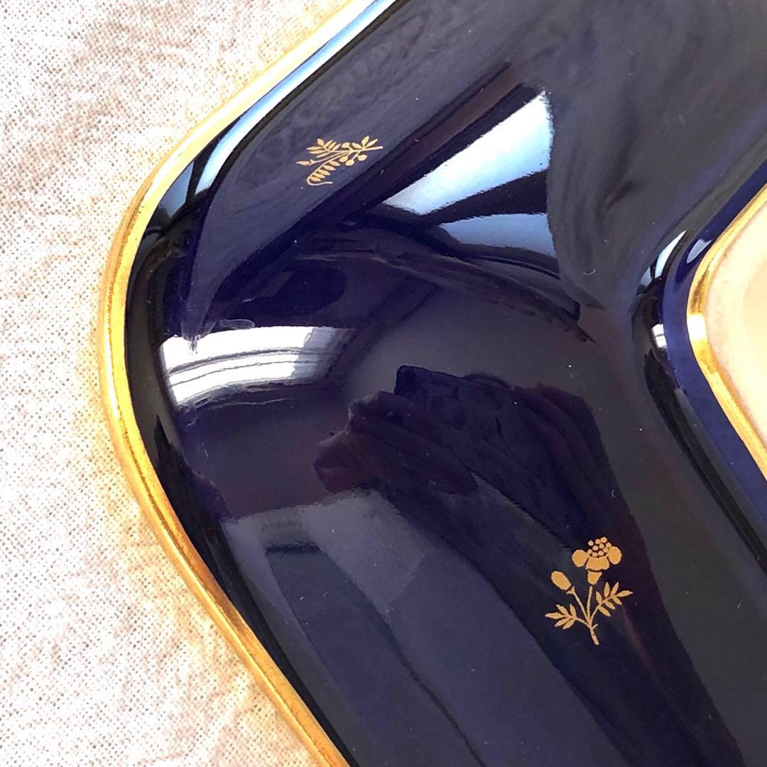 セーブル角形ディッシュ☆ファットブルー☆24K金彩小花紋様☆仏ヴィンテージ未使用