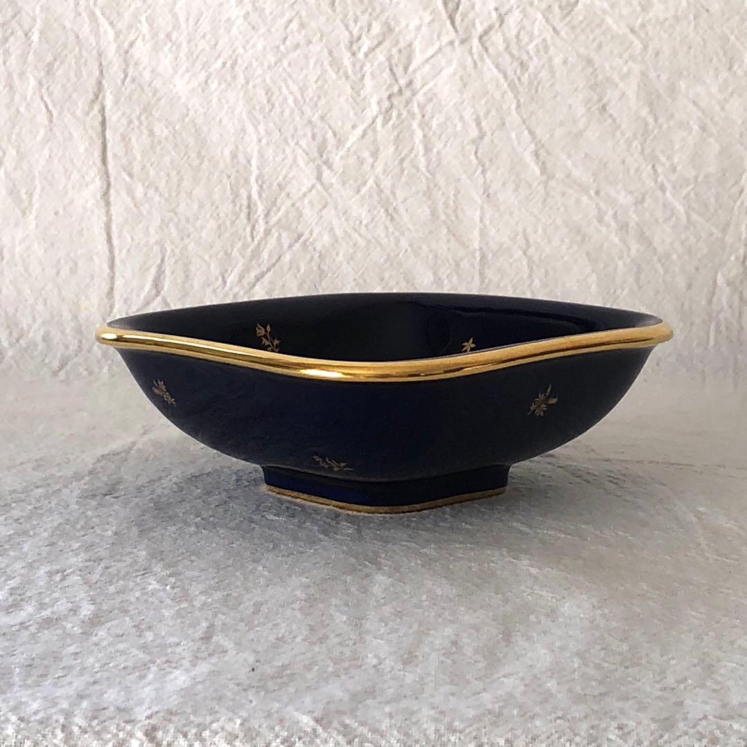 セーブル角形ディッシュ☆ファットブルー☆24K金彩小花紋様☆仏ヴィンテージ未使用