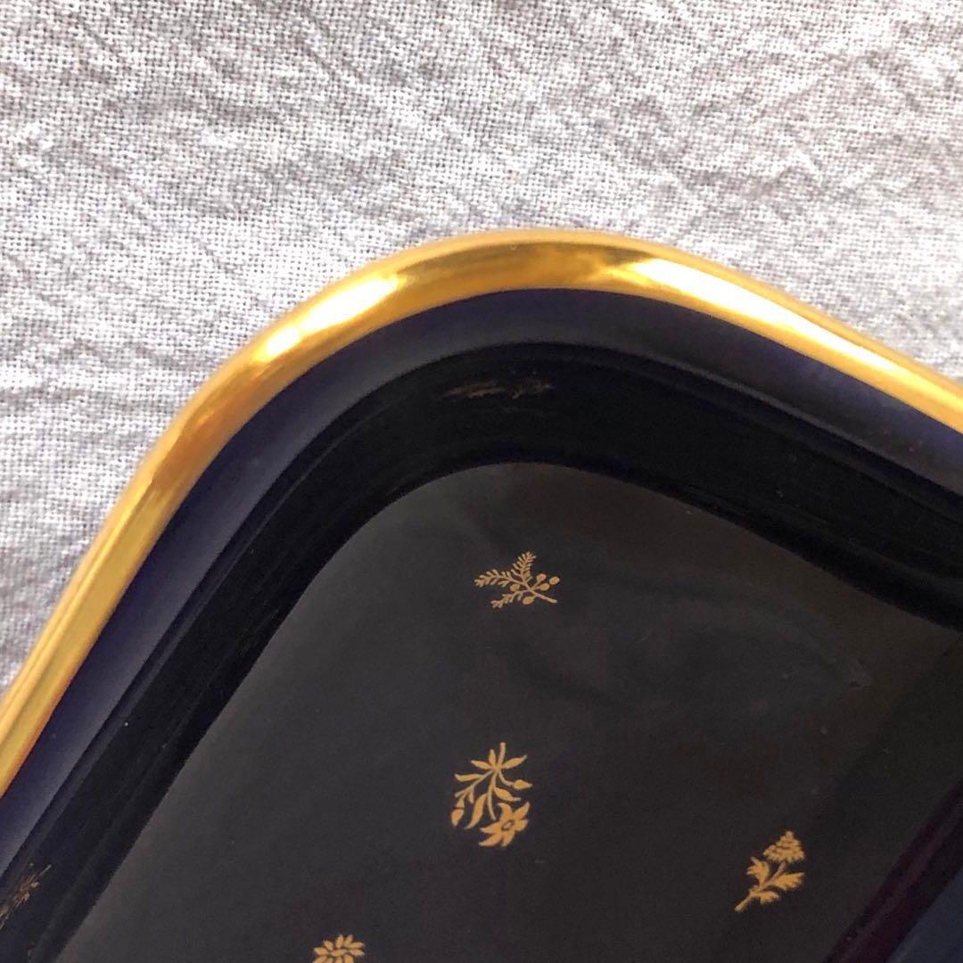 セーブル角形ディッシュ☆ファットブルー☆24K金彩小花紋様☆仏ヴィンテージ未使用