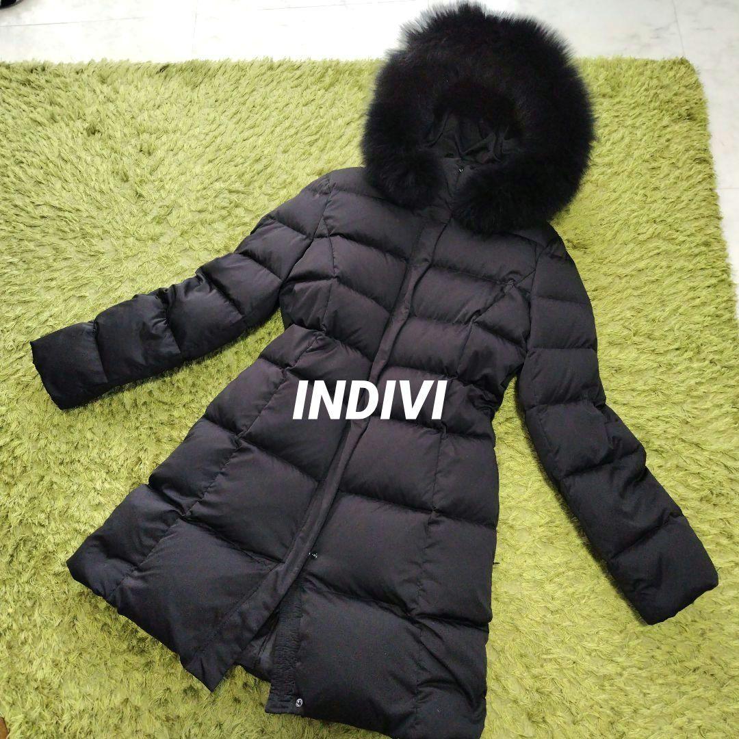 INDIVI シルキーサテンダウンコート フード付き 2way フォックスファー