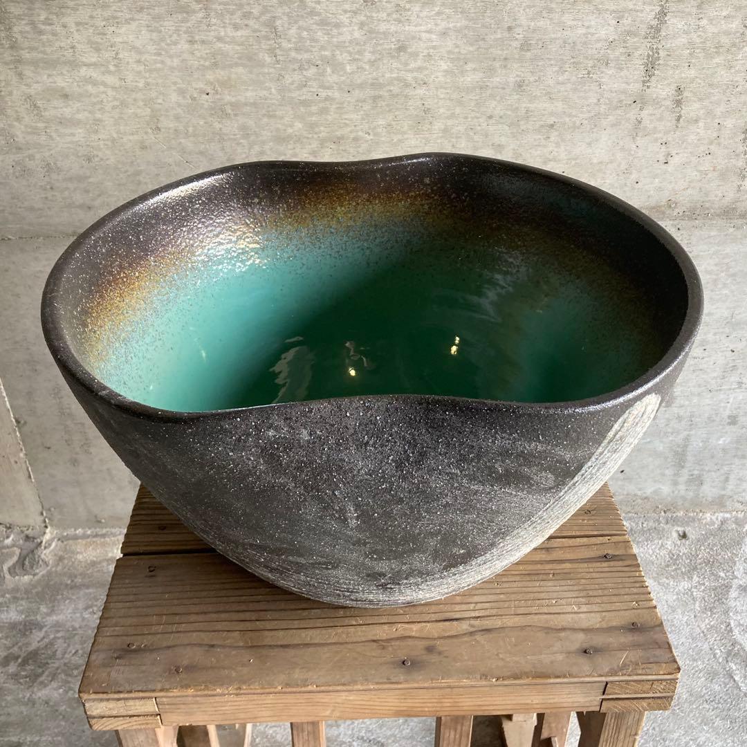 信楽焼 睡蓮鉢 めだか鉢 金魚 水鉢 植物 花器 大型 深鉢 緑色 和風 陶器