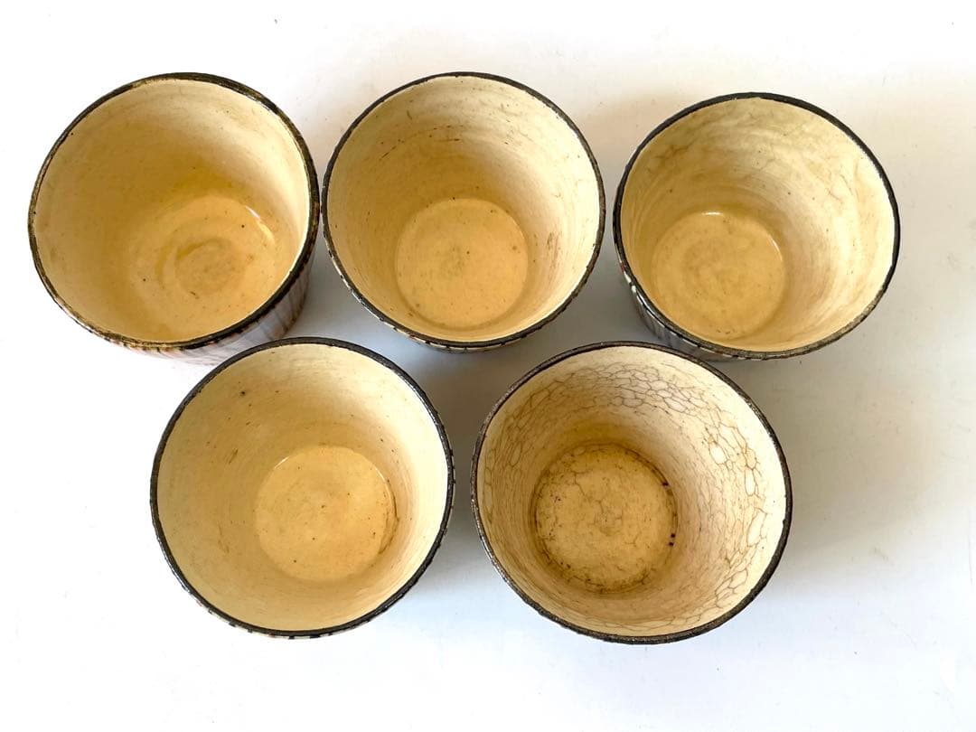 アンティーク　骨董　絵瀬戸　小ぶり　麦藁手　蕎麦猪口　カップ　5客　白州正子