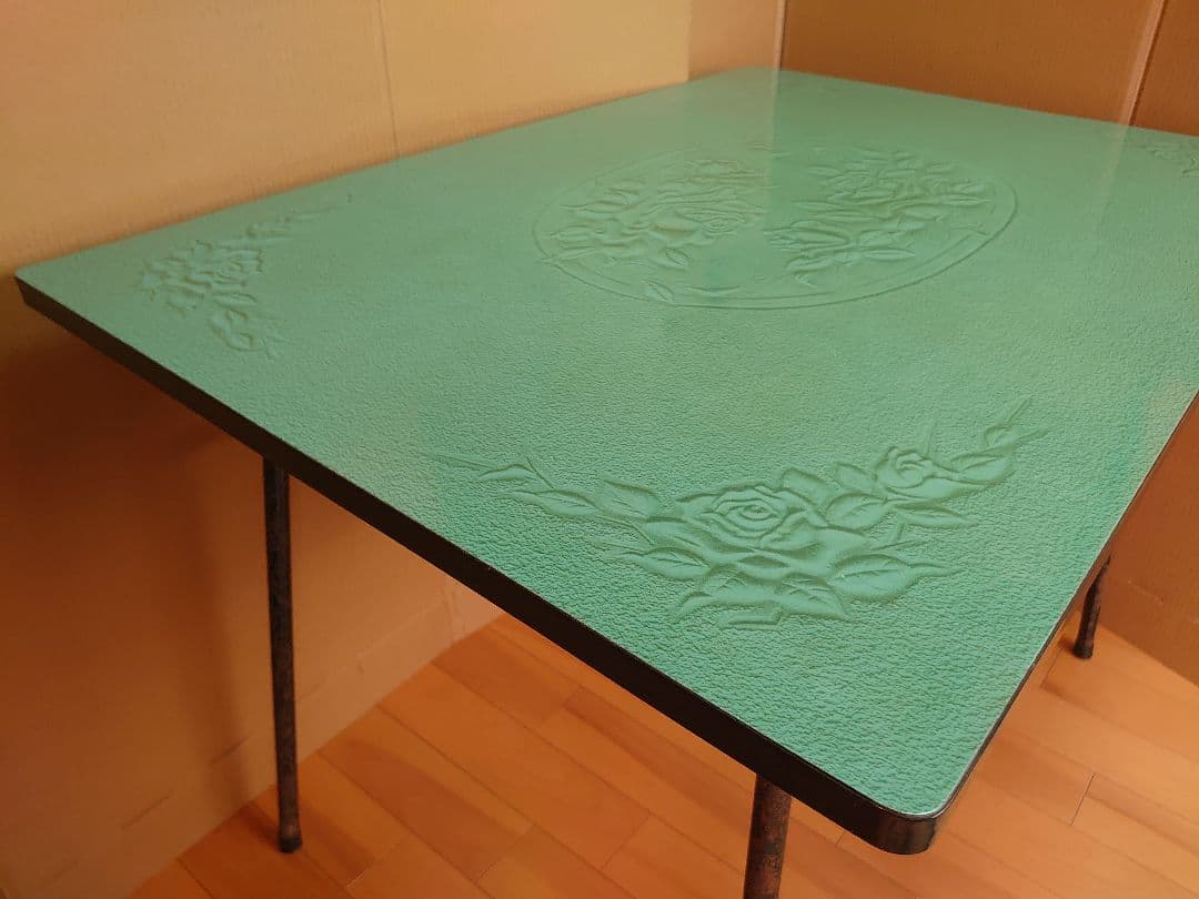 昭和レトロ アイアン脚 食堂テーブル アンティーク 家具 グリーン 古道具