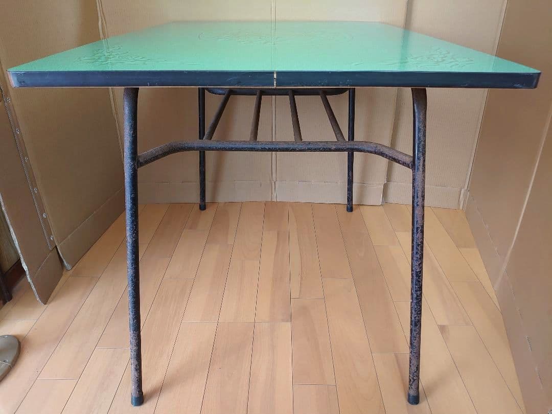 昭和レトロ アイアン脚 食堂テーブル アンティーク 家具 グリーン 古道具