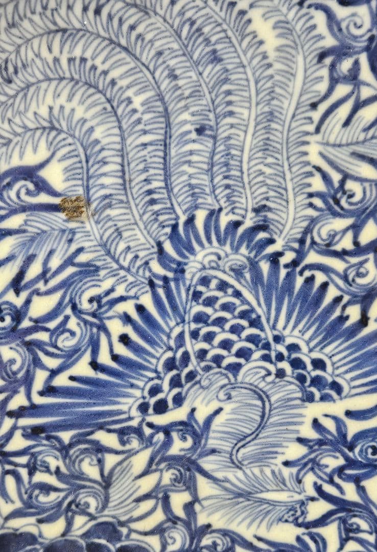 江戸時代後期　古伊万里　染付　鳳凰に牡丹唐草文様　大皿　兜皿　径 約40.8cm