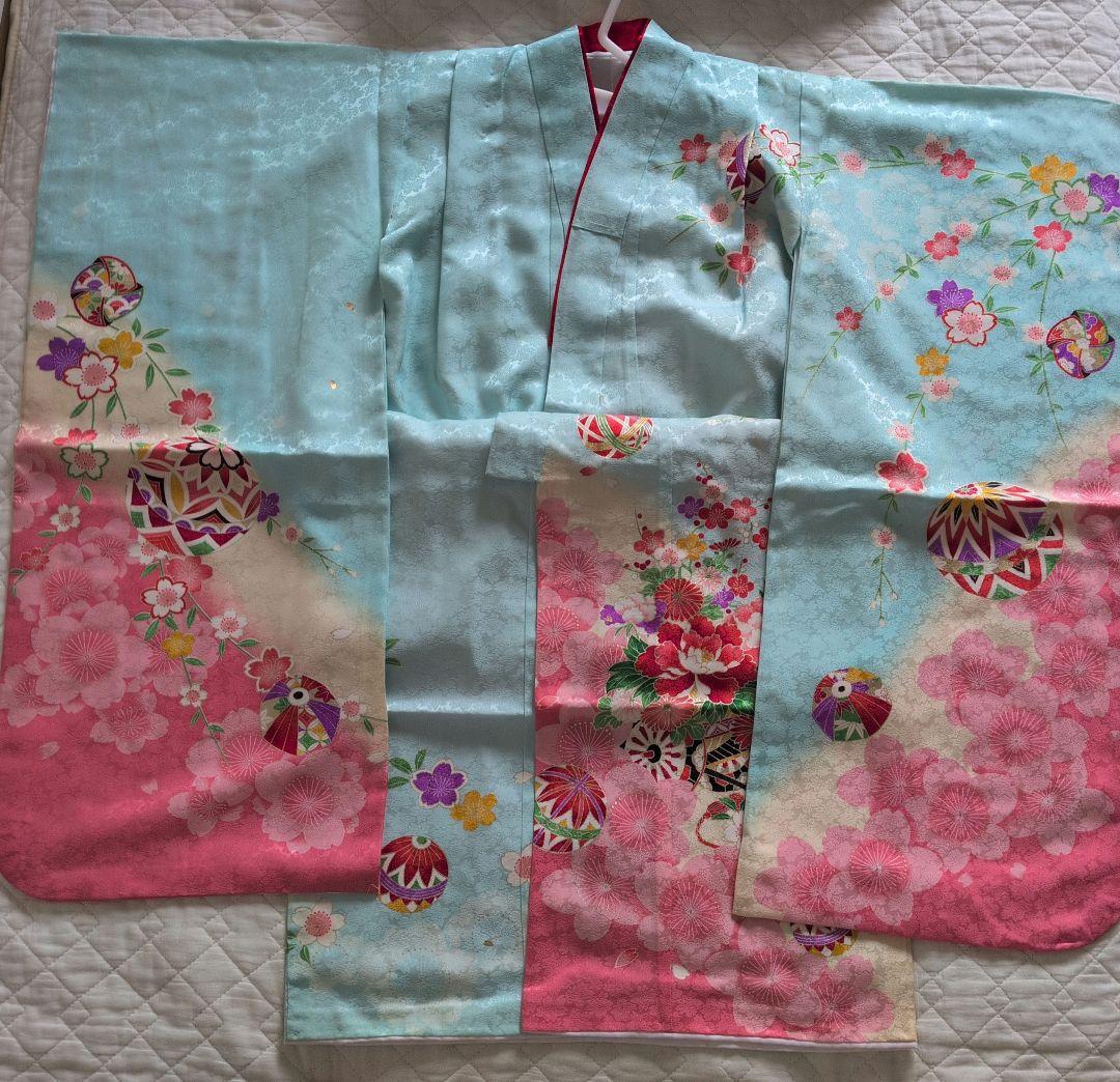 「タイムセール」七五三用 花柄 着物 水色 ピンク　正絹　呉服店