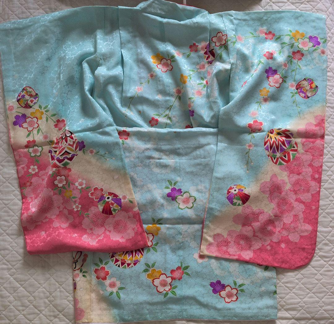 「タイムセール」七五三用 花柄 着物 水色 ピンク　正絹　呉服店