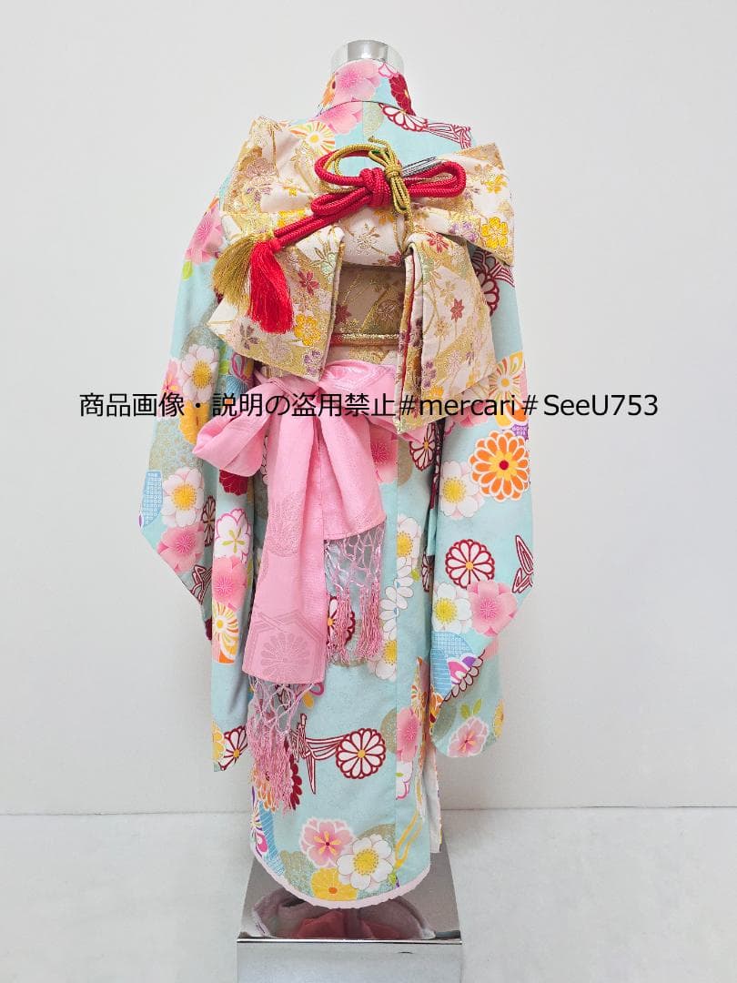 七五三　5歳～　水色　着物　フルセット　女の子 d05