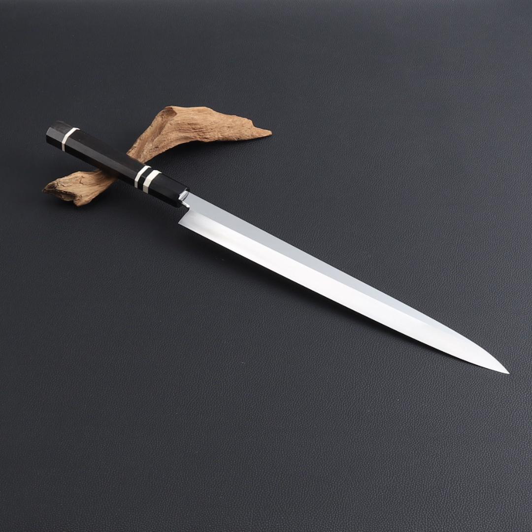 8402柳刃包丁尺一鏡面仕上げ刺身包丁刃は究極の切れ味 黒檀黒水牛白三本巻八角柄