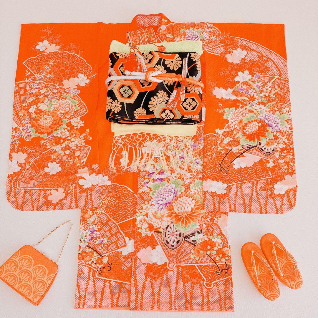 七五三　長着帯セット ７歳女の子 オレンジ地　ちりめん　 源氏車 52697