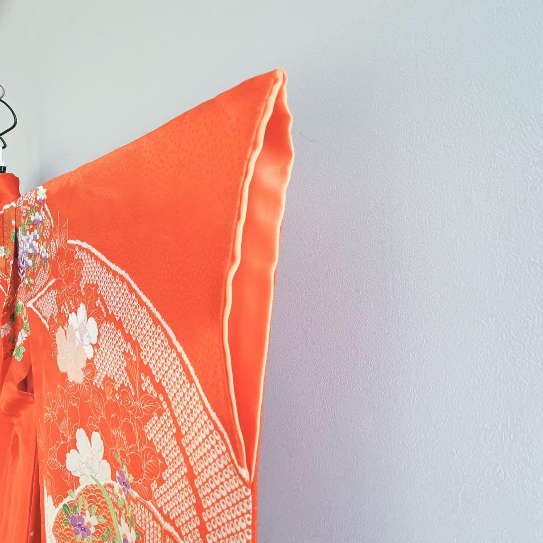 七五三　長着帯セット ７歳女の子 オレンジ地　ちりめん　 源氏車 52697