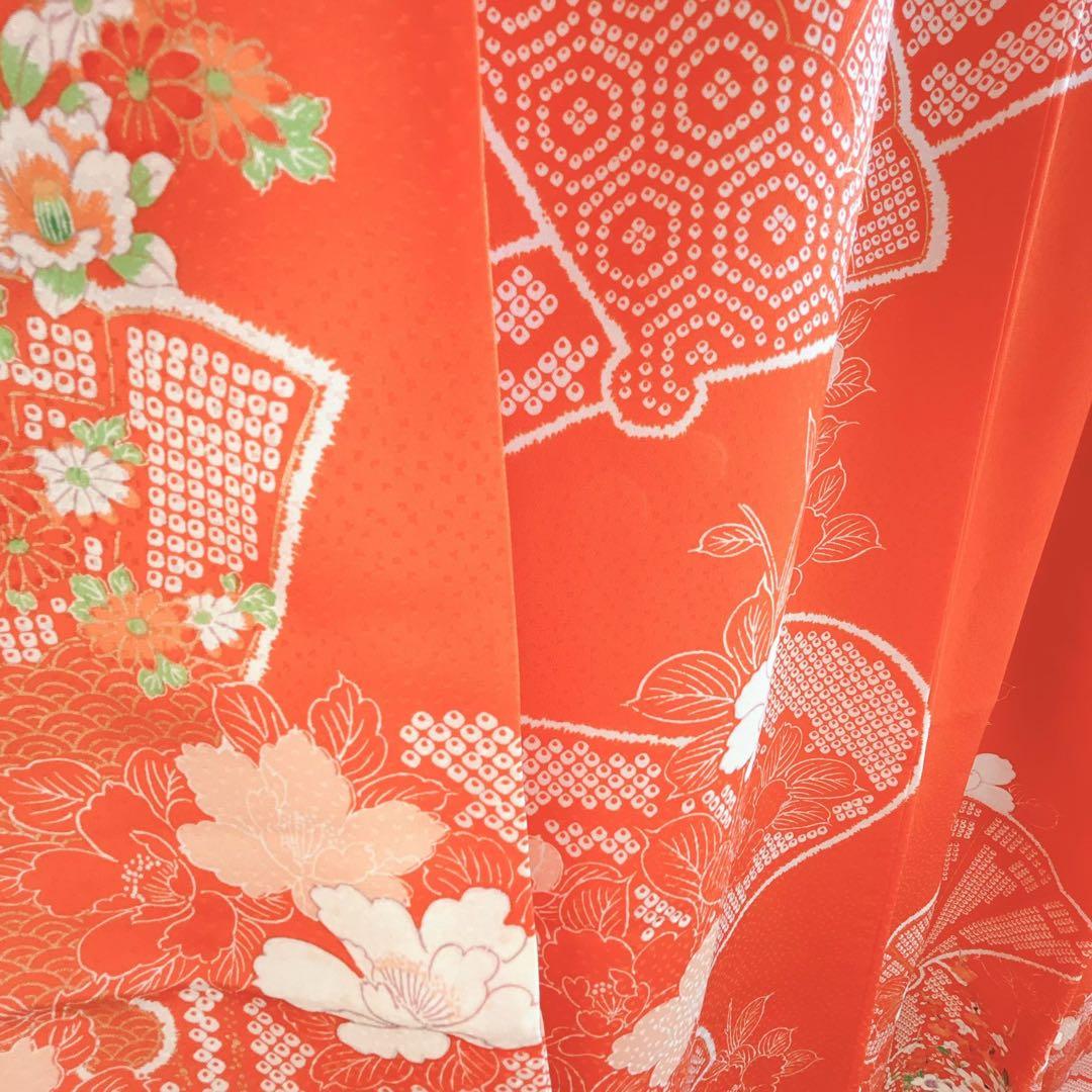 七五三　長着帯セット ７歳女の子 オレンジ地　ちりめん　 源氏車 52697