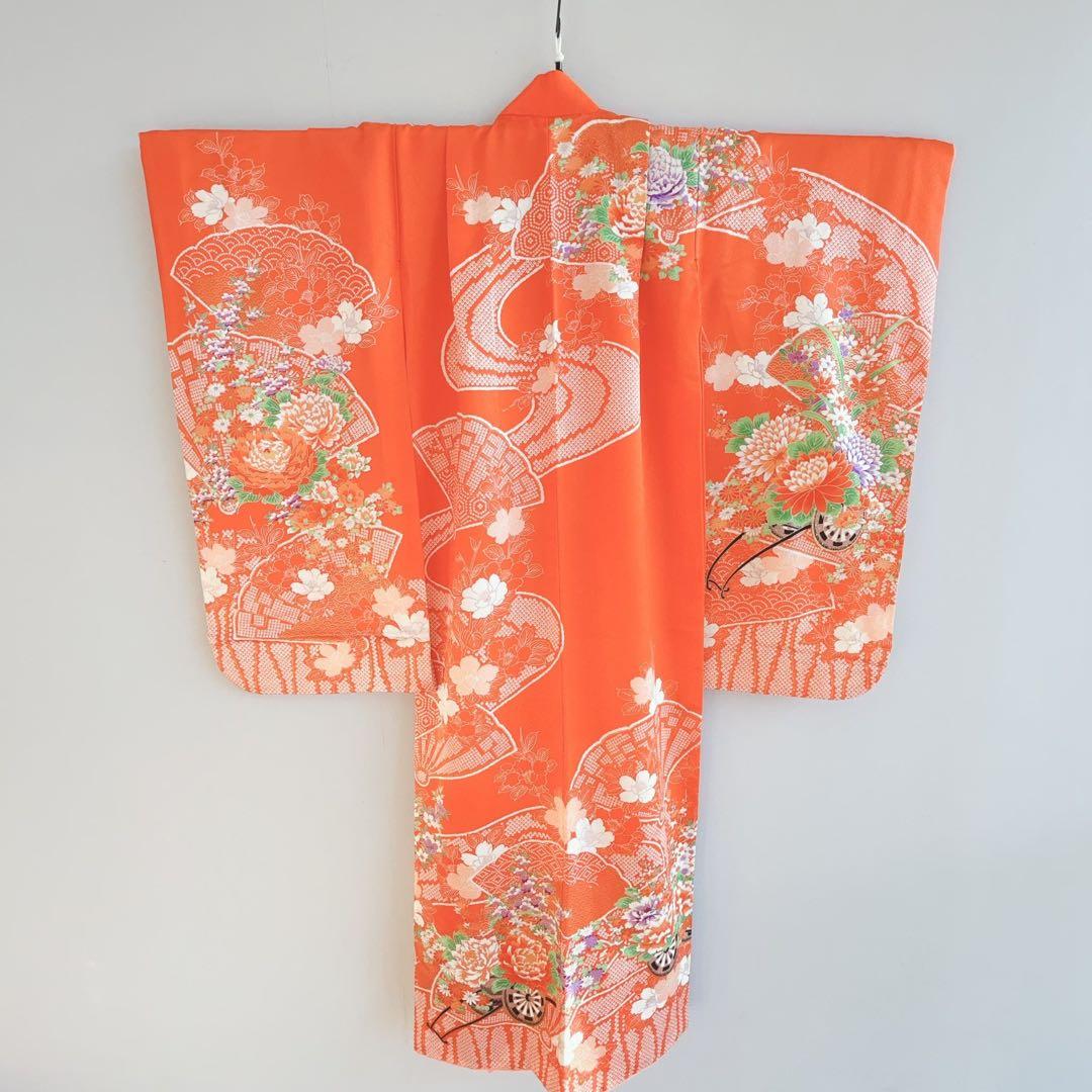 七五三　長着帯セット ７歳女の子 オレンジ地　ちりめん　 源氏車 52697