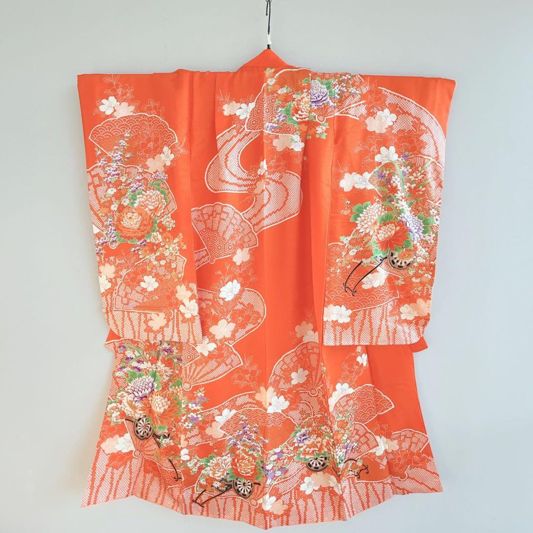 七五三　長着帯セット ７歳女の子 オレンジ地　ちりめん　 源氏車 52697