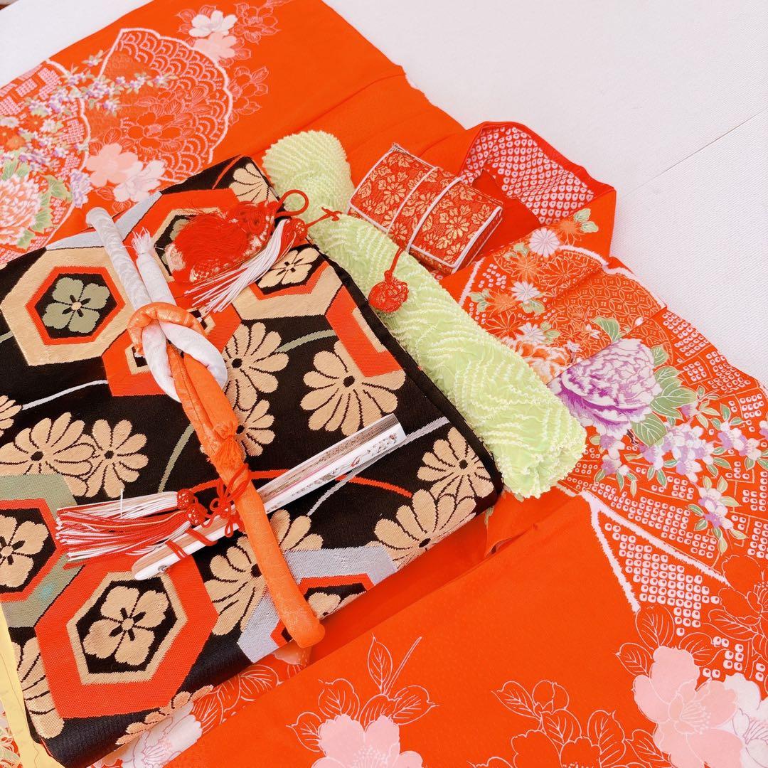 七五三　長着帯セット ７歳女の子 オレンジ地　ちりめん　 源氏車 52697