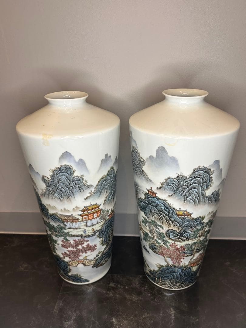 最終価格　中国 大きめ花瓶一対 山水人物図 詩文あり 養和堂製　コレクション