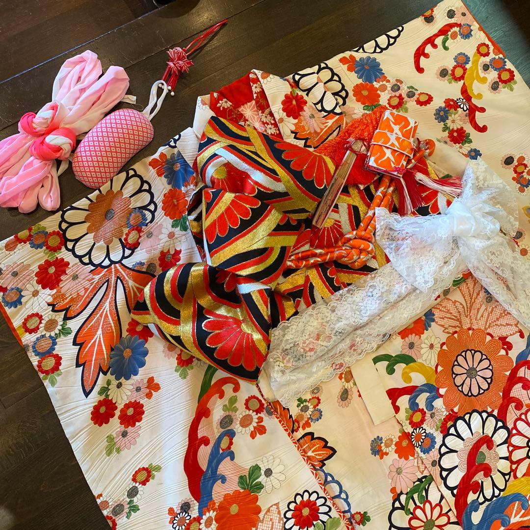 アンティーク 七五三 七歳 大きめ 大正ロマン 着物 帯 小物一式 フルセット