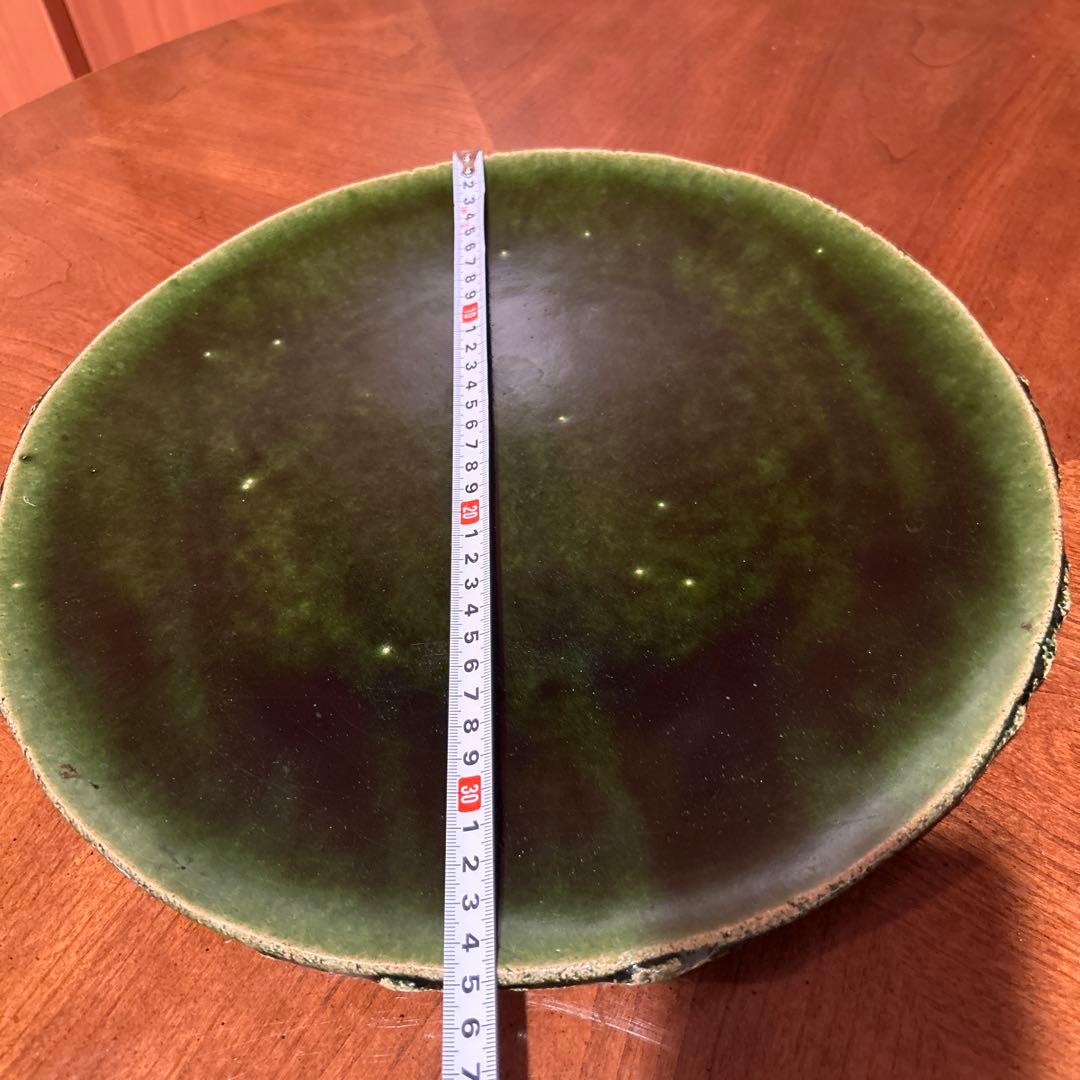 新品◆④織部焼　森脇　文直作　緑色の陶器製丸皿大皿35.5cm