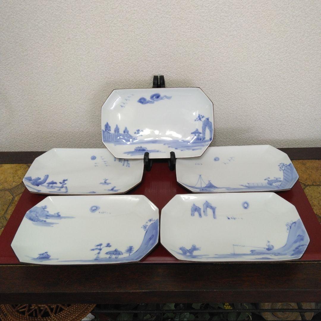 深川製磁　百年庵　染付山水　絵変わり　焼物皿　長角皿　5枚組