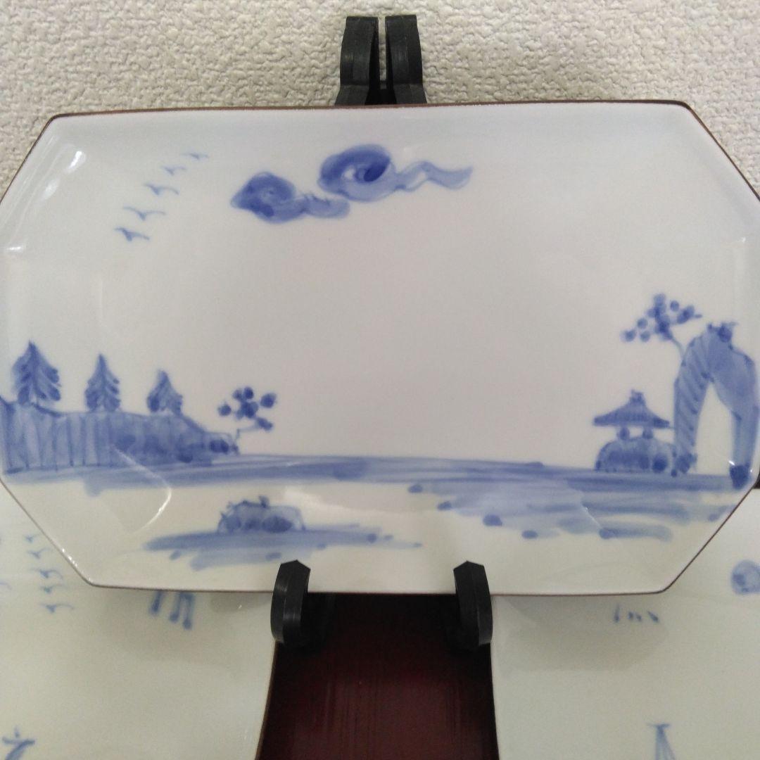 深川製磁　百年庵　染付山水　絵変わり　焼物皿　長角皿　5枚組