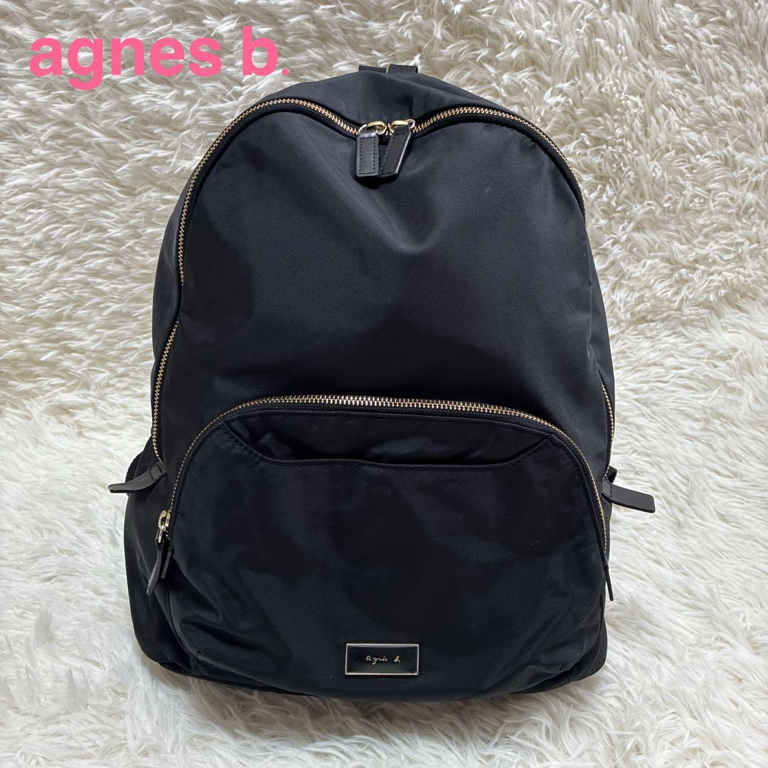 アニエスベー リュックサック A4大容量 ナイロン 黒 ロゴプレート ゴールド