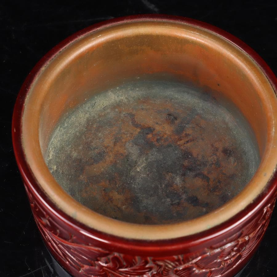 Y3272-5 彫師 渡辺明泉 朱塗 山水文 煙草盆組揃 共箱　　MM