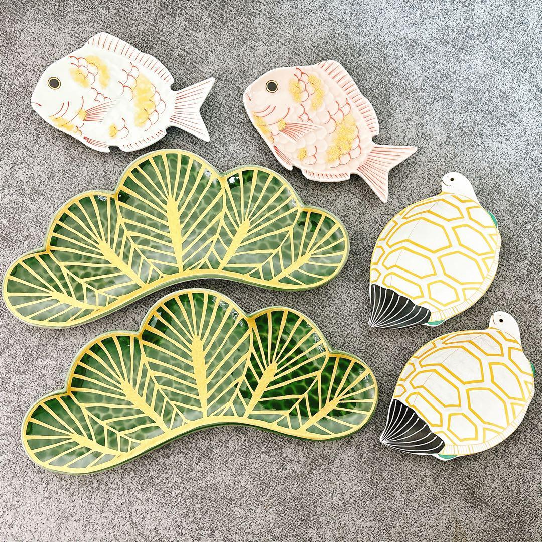 正月セールご依頼品　錦金松葉形前菜皿　亀銘々皿　鯛紅白銘々皿　6点セット