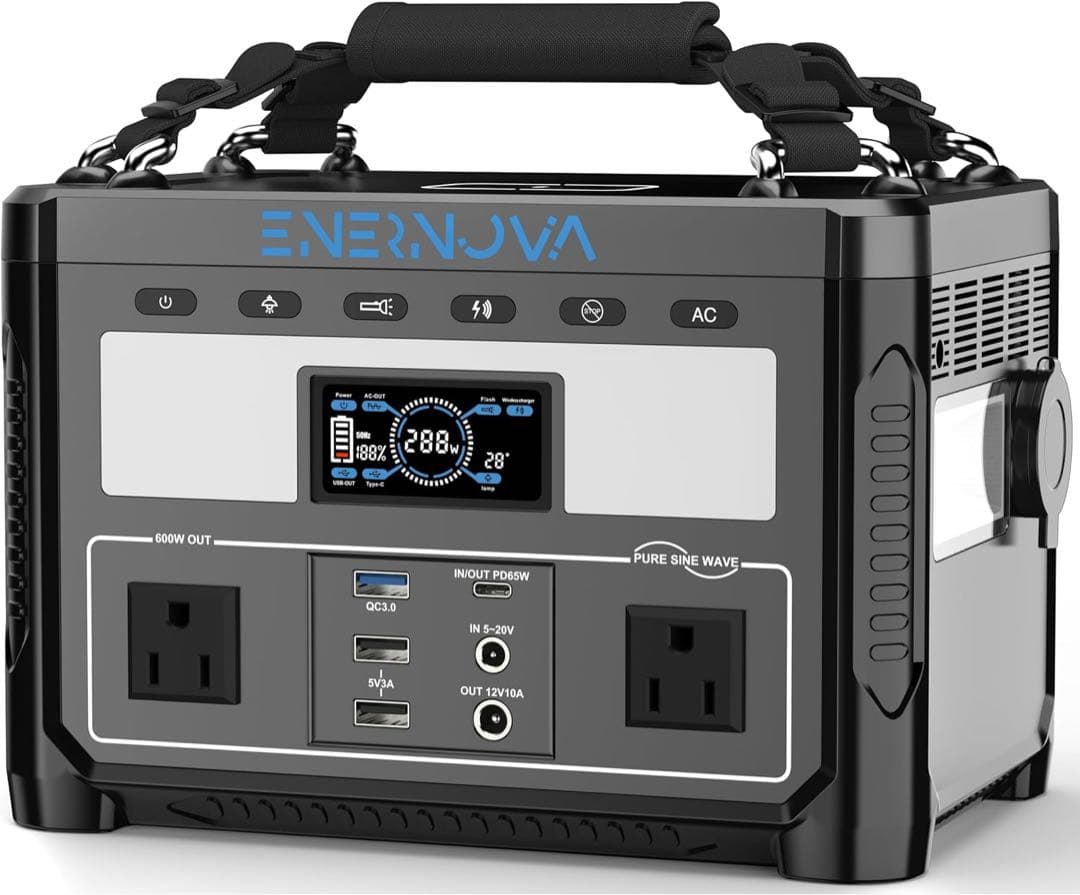 安い！ENERNOVAポータブル電源600W 高出力 リン酸鉄蓄電池288Wh
