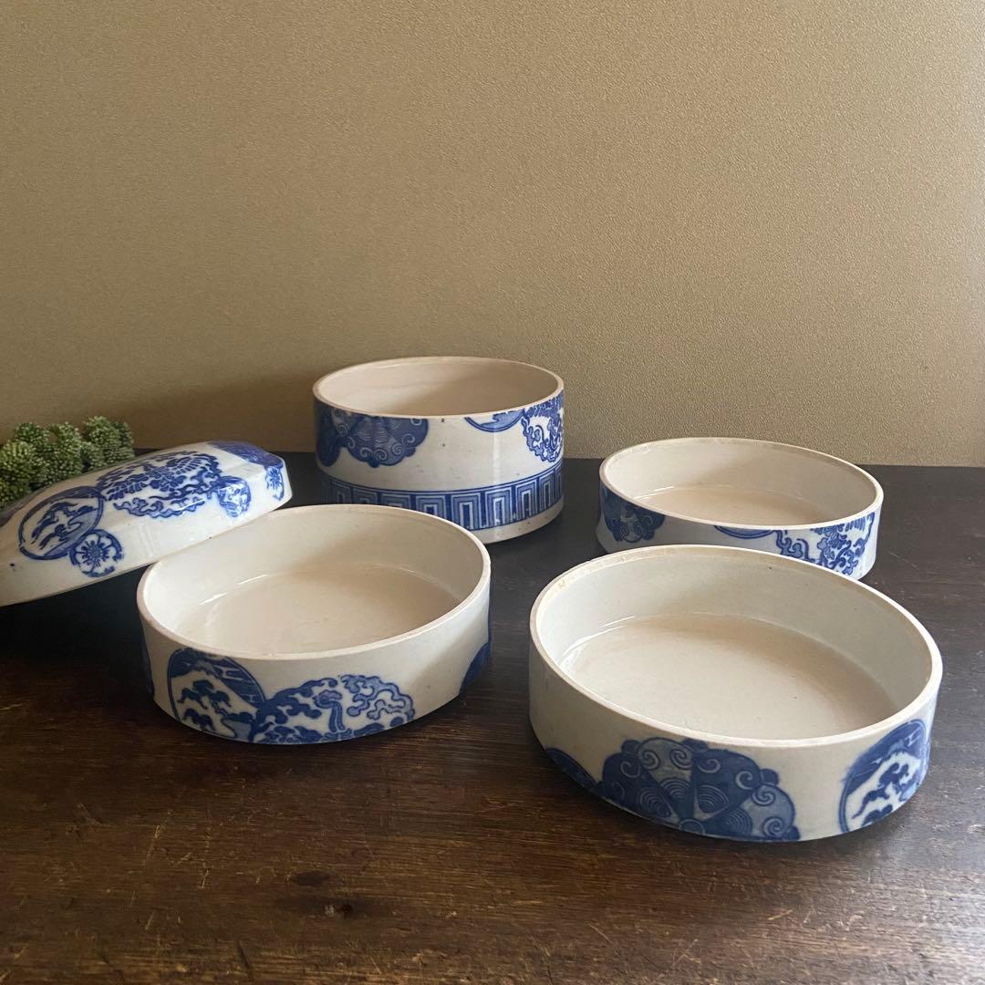 明治　印判陶器御重　4段重箱　丸型　骨董