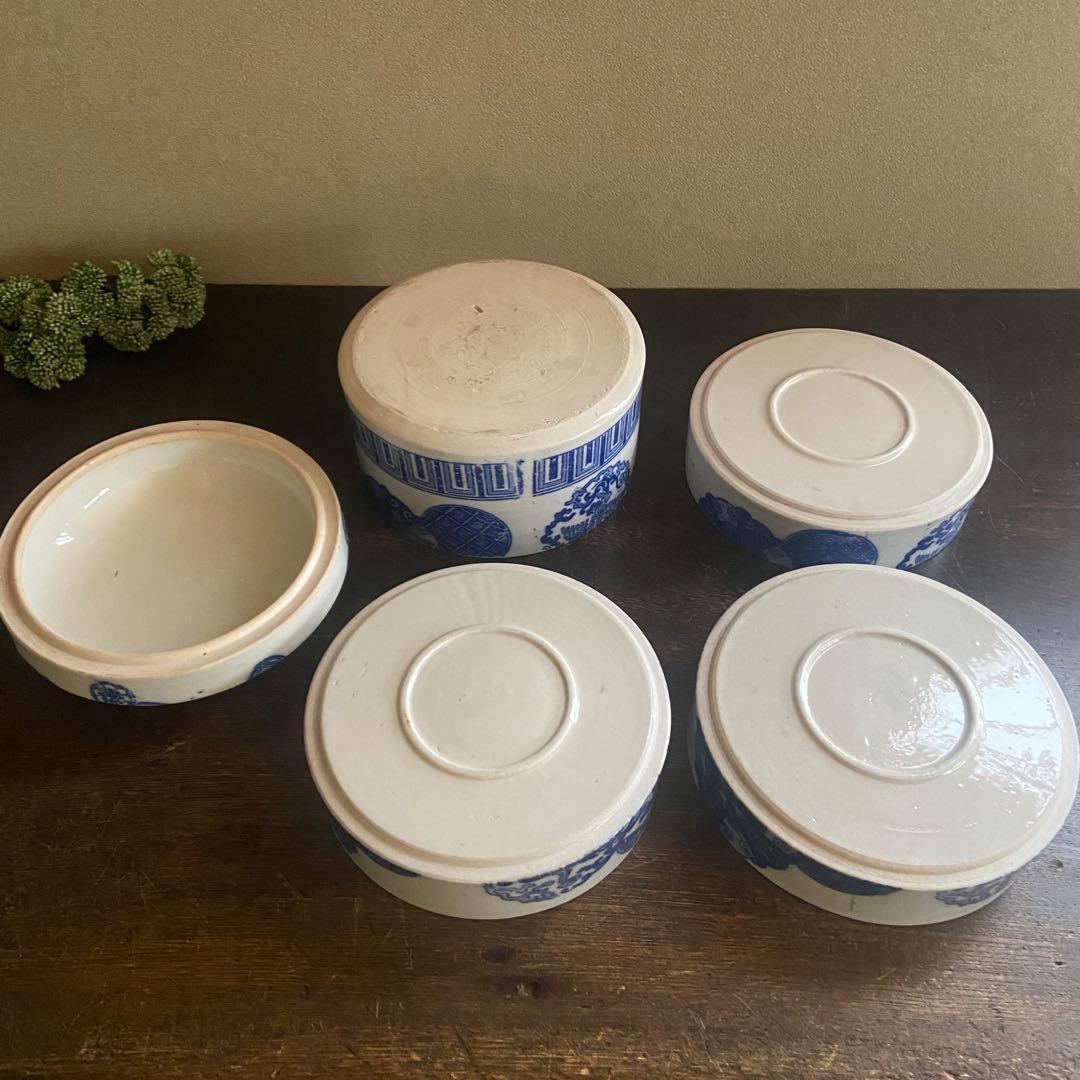 明治　印判陶器御重　4段重箱　丸型　骨董