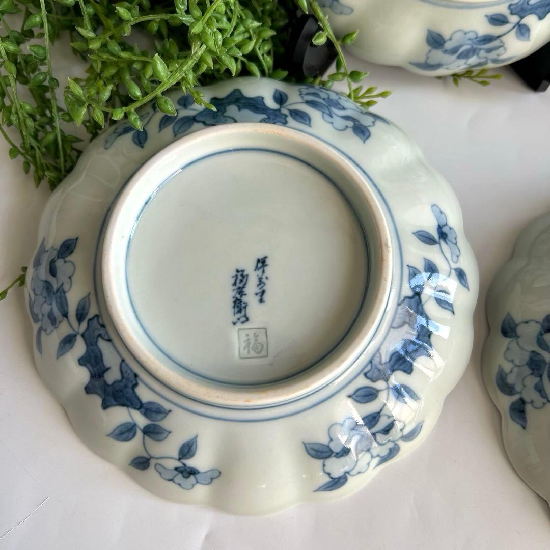 福右衛門　古伊万里 手描き　染錦 花果模様 波型皿 4枚セット