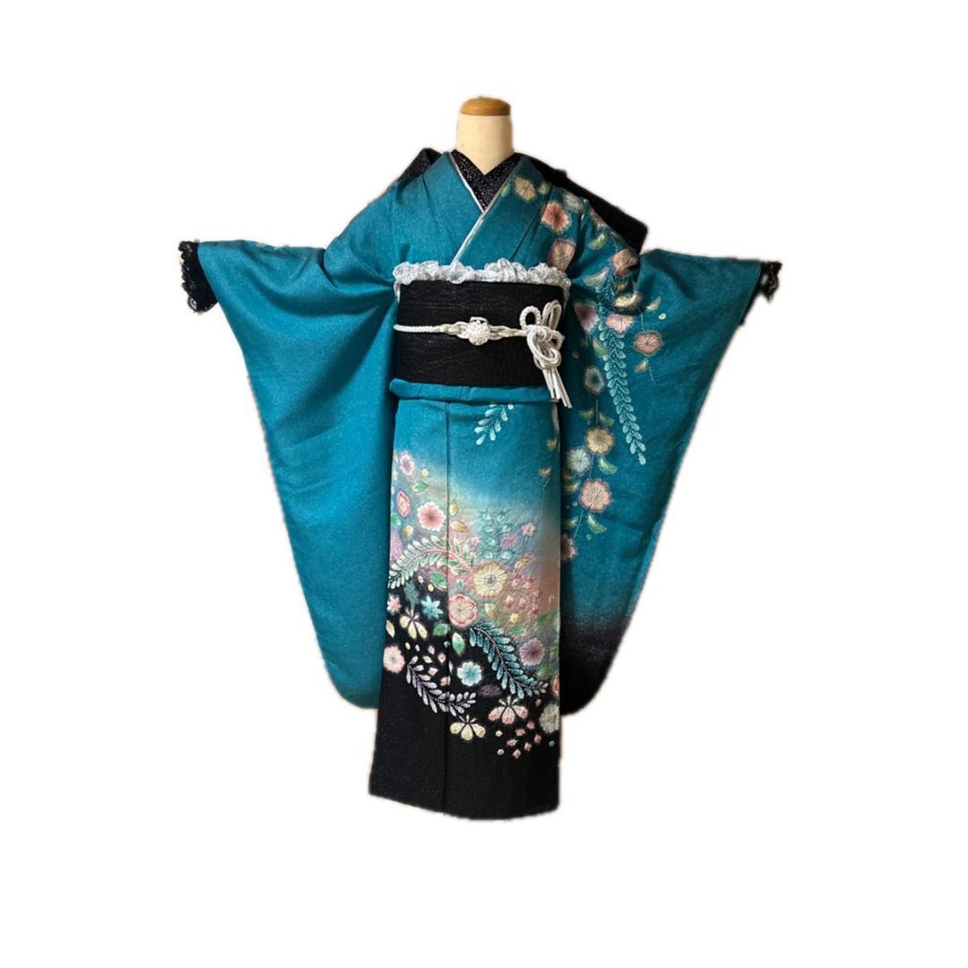 銀通し辻が花×黒シルバーレースMODE♡正絹振袖フルセット 成人式