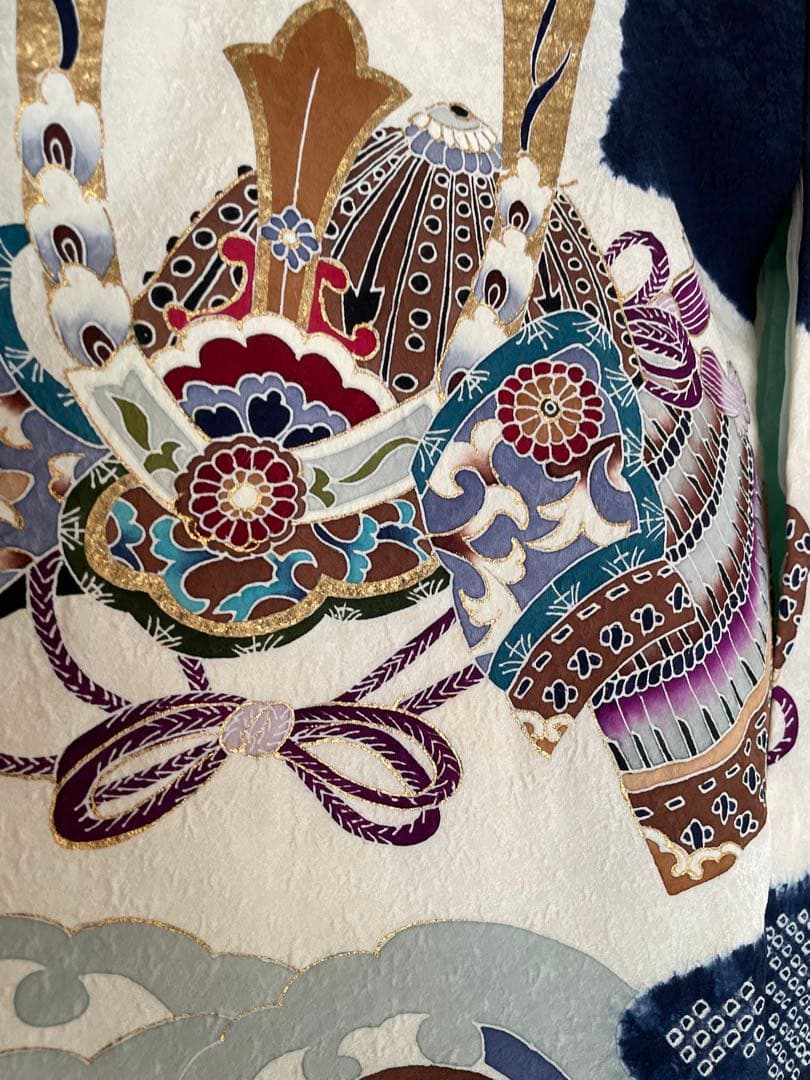 美品　絹　男の子　七五三用 お宮参り　結婚式　紺色の宝船と波模様と兜の刺繍　着物