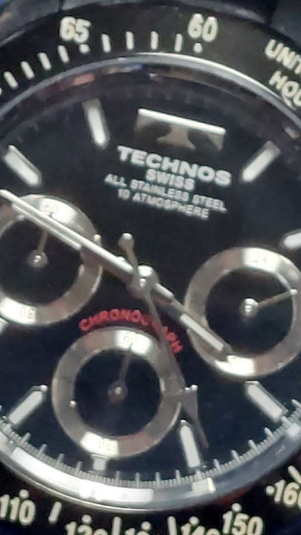r*7様 TECHNOS ブラック クロノグラフ腕時計
