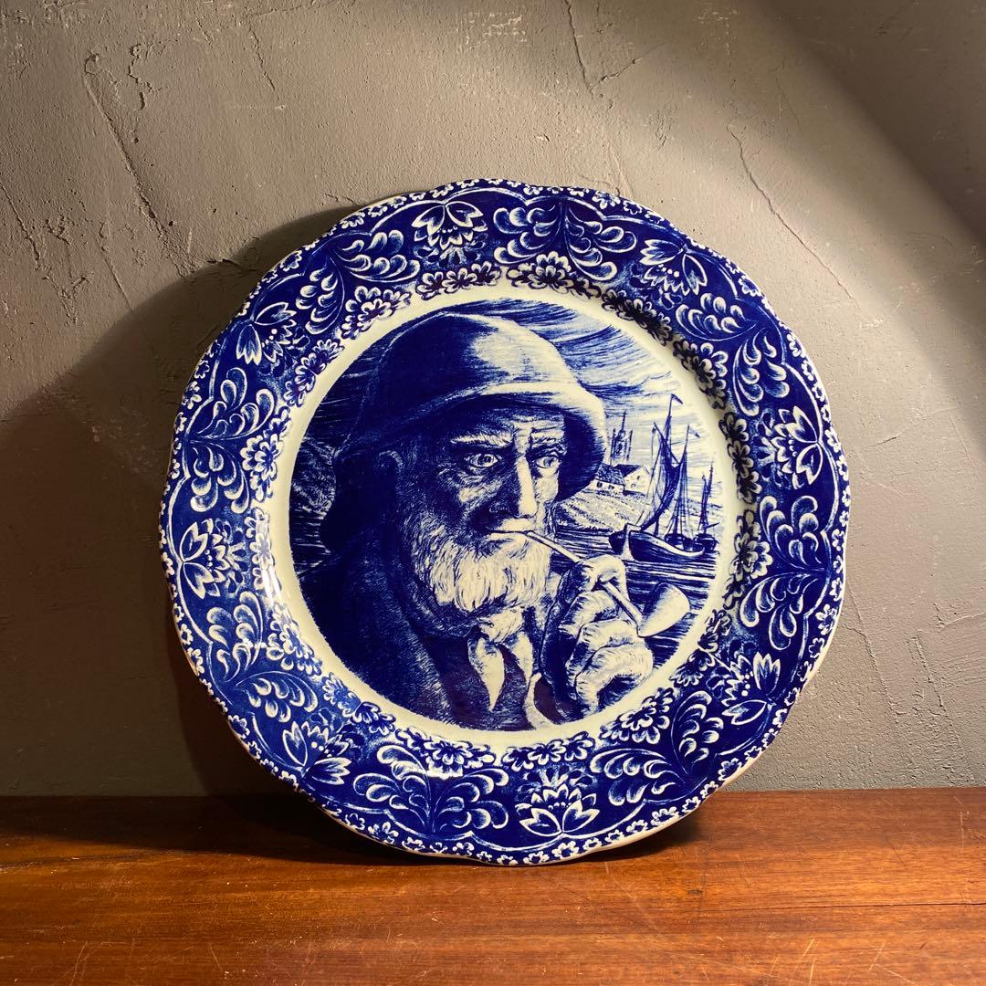 アンティーク デルフト焼き 34cm壁掛け飾り皿 漁師 アート 美品