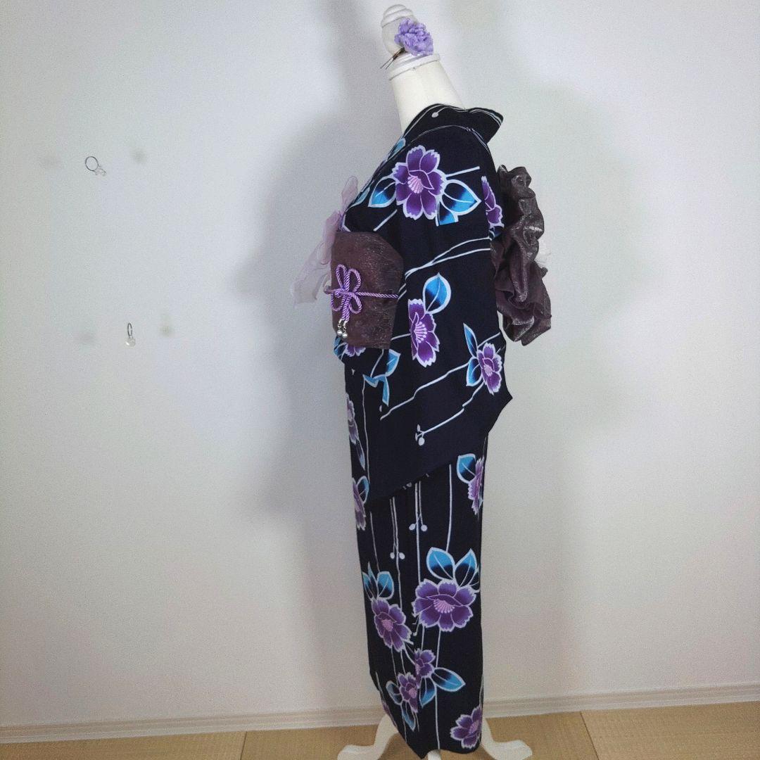 レトロ　浴衣セット　150cm　女の子　花柄　紺　兵児帯　新品　紫　リボン
