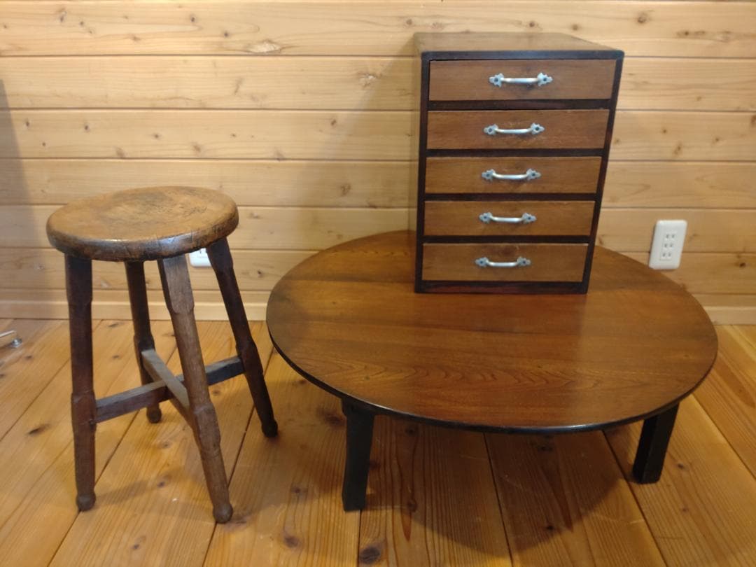 昭和レトロ３点セット　スツール　5段小引出し　ちゃぶ台　無垢材　小道具　民具