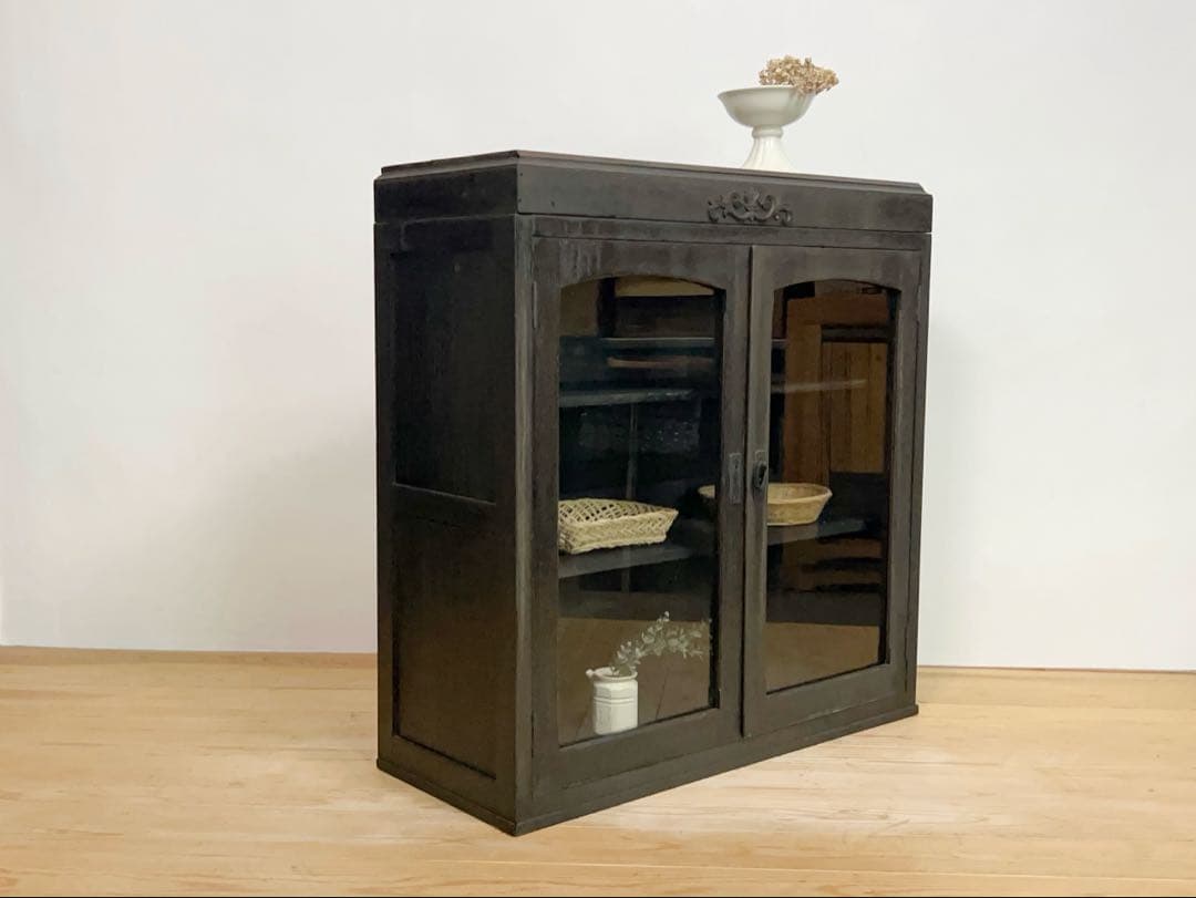 収納棚　ガラス棚　M077　古道具　古家具　ビンテージ　アンティーク　レトロ