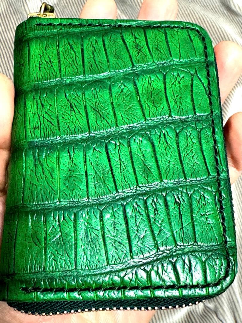 未使用！　アリゲーター　目地染　グリーン　ケース　ミニウォレット　手縫い