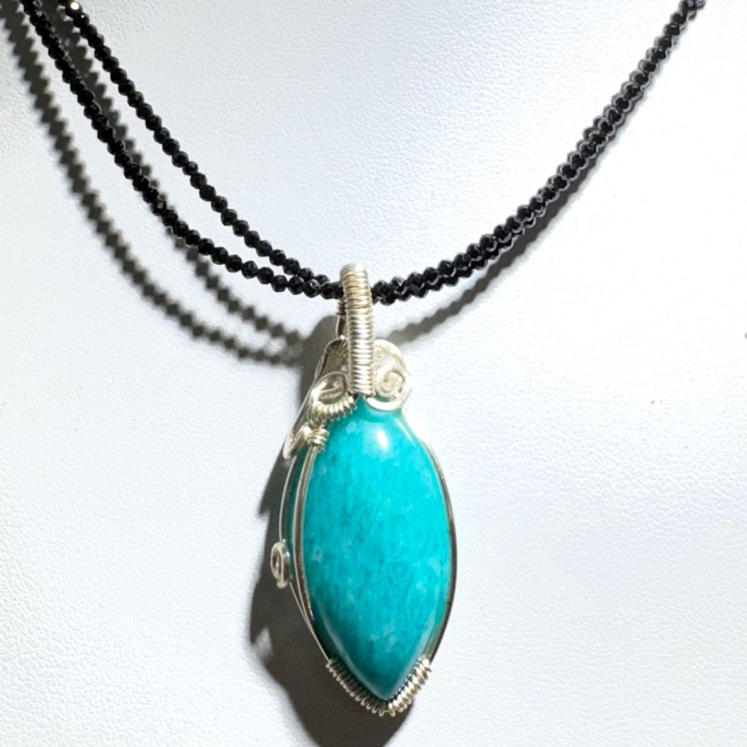 ワイヤーアマゾナイトペンダントブラックスピネルネックレス2連NO25-2415