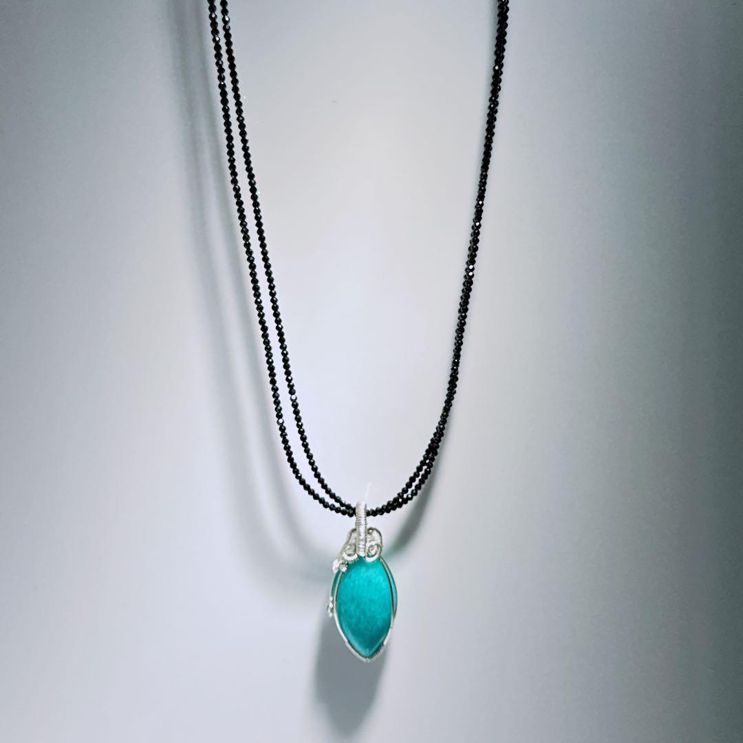 ワイヤーアマゾナイトペンダントブラックスピネルネックレス2連NO25-2415