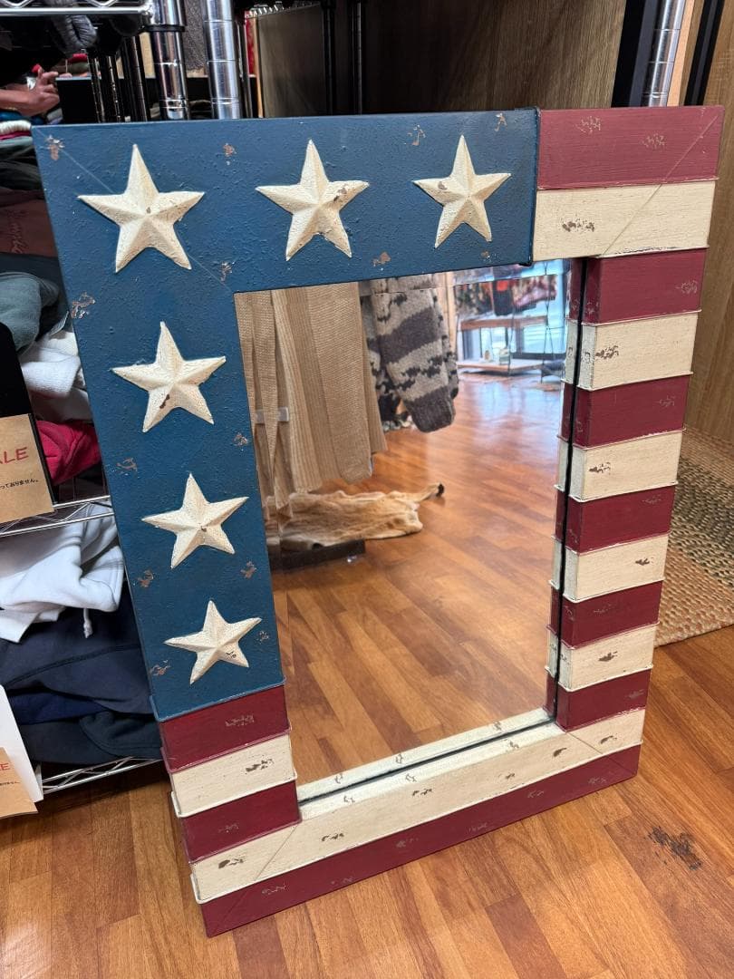 WTW ヴィンテージ風 星条旗 大型 スチール ウォールミラー 鏡