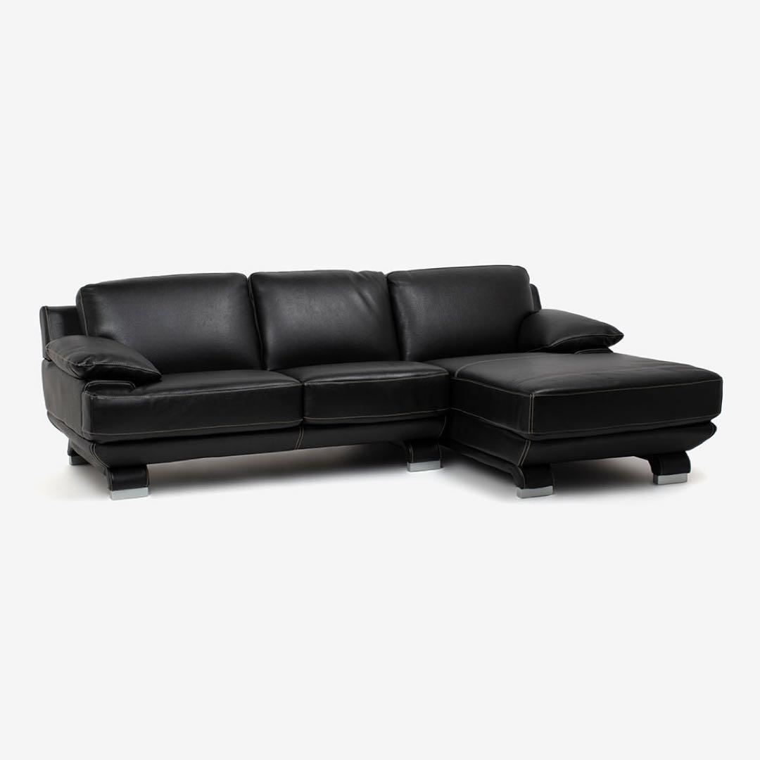 引越し 整理中 大塚家具 L/S 01 三人掛けソファ 黒革 オットマン付き