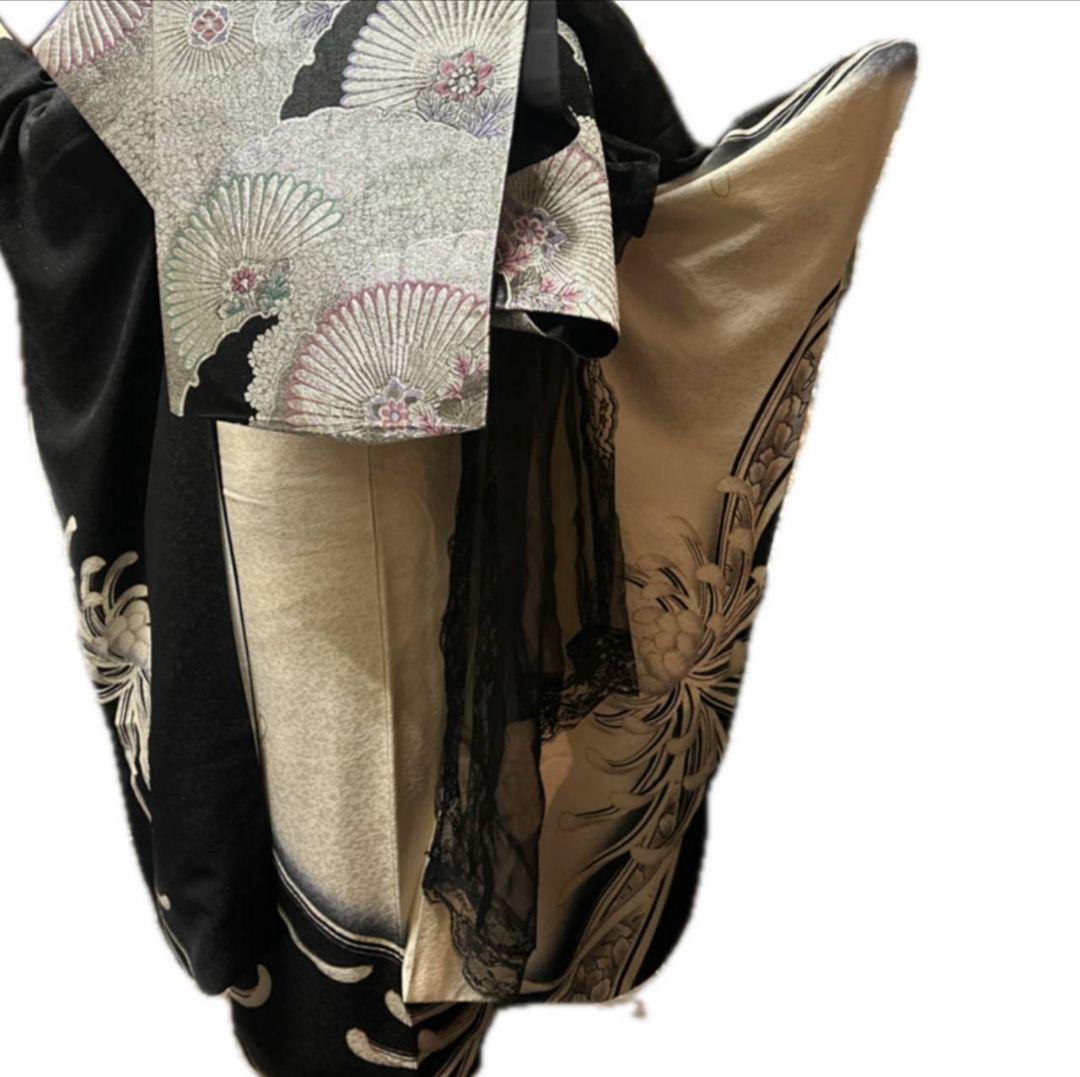 439黒白金通し　大胆華やか!!　乱菊　正絹振袖6点フルセット成人式卒業式謝恩会